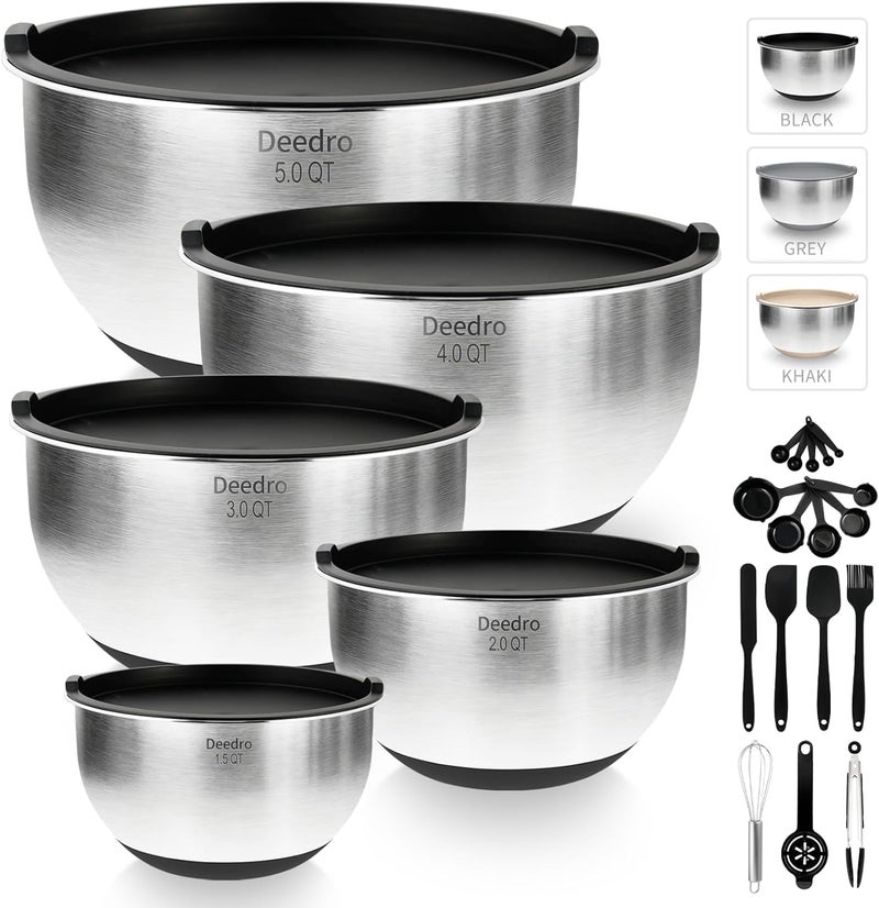 Deedro Premium Mixing Bowls with Airtight Lids Set, 22Pcs Thicker Stainless Steel Mixing Bowl Set, Large Prep Metal Bowls, Non-Slip Silicone Base Nesting Bowls for Kitchen, 1.5/2/3/4/5 QT, Black - Image 1